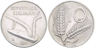 ИТАЛИЯ 10 ЛИР 1971 R, КОЛОСЬЯ, ПЛУГ KM 93 алюминий 4551-215