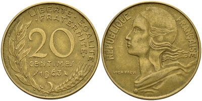Франция 20 сантимов 1963 KM 930 алюминиевая бронза 4150-832