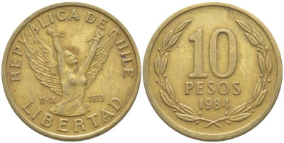 ЧИЛИ 10 ПЕСО 1984 KM 218.1 никель латунь 113-412