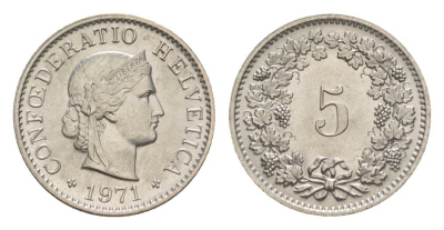 Швейцария 5 раппенов 1971 KM 26 медно-никель UNC 4611-953