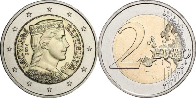 Латвия 2 евро 2014 портрет девушки KM 157 биметалл  UNC  M11-15