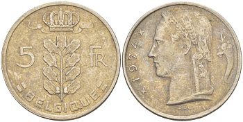 БЕЛЬГИЯ 5 ФРАНКОВ 1974 BELGIQUE, БОДУЭН I (1951-1993) KM 134.1 медно-никель 4546-325