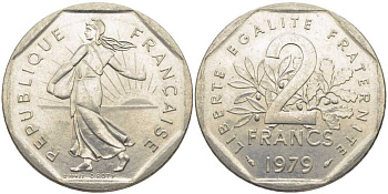 ФРАНЦИЯ 2 ФРАНКА 1979 СЕЯТЕЛЬ KM 942.1, LE FRANC 272.3 никель 111-1045