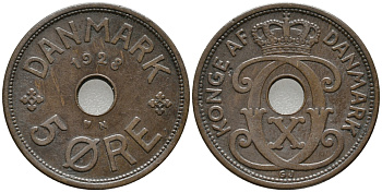 ДАНИЯ 5 ЭРЕ 1928 N; GJ, КРИСТИАН X (1912-1947) KM 828.2 бронза 32-1034