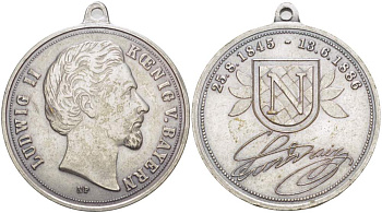 БАВАРИЯ МЕДАЛЬ ND В ПАМЯТЬ ПРАВЛЕНИЯ КОРОЛЯ БАВАРИИ ЛЮДВИГА II (25.08.1845-13.06.1886), С КОЛЬЦОМ ДЛЯ НОШЕНИЯ, ДИАМЕТР 39 ММ. белый металл 1084-7-14