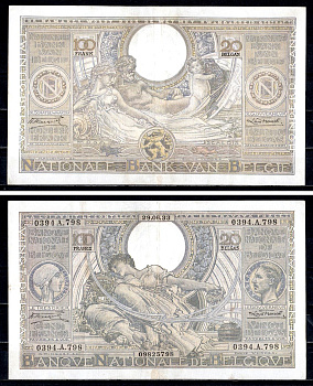 Бельгия 100 франков 1933 Королева Елизавета, король Альберт, аллегорическая женщина ("Сельское хозяйство") Аллегорические фигуры - реки Мозель (Mosa) и Шельда (Scaldis) Pick 107 бумага 6312-65-1-2