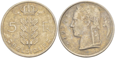 БЕЛЬГИЯ 5 ФРАНКОВ 1974 BELGIQUE, БОДУЭН I (1951-1993) KM 134.1 медно-никель 4546-325