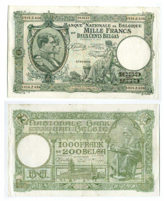 Бельгия 1000 франков = 200 бельгас 1943 Pick 110 бумага 451-1259-1