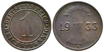 ГЕРМАНИЯ 1 РЕЙХСПФЕННИГ 1933 A KM 37, J. 313 бронза 4380-1236