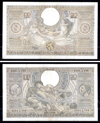 Бельгия 100 франков 1933 Королева Елизавета, король Альберт, аллегорическая женщина ("Сельское хозяйство") Аллегорические фигуры - реки Мозель (Mosa) и Шельда (Scaldis) Pick 107 бумага 6312-65-1-2