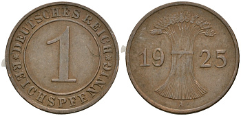 Германия 1 рейхспфенниг 1925 A KM 37, J. 313 бронза 4189-1112