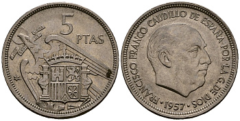 Испания 5 песет 1957 Франсиско Франко (1939 - 1975) KM 786 медно-никель 4177-857