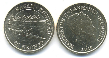 Дания 20 крон 2010 Маргарет II, Каяк-Амиак, из ролла KM 940 алюминиевая бронза UNC M5-04