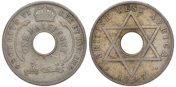 Британская Западная Африка 1/2 пенни 1947 H, Георг VI KM 18 медно-никель 25-2216