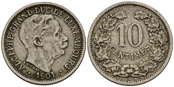 Люксембург 10 сантимов 1901 Адольф (1890-1905) KM 25 медно-никель 4602-449