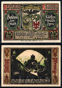 Фюрстенвальде (Пруссия, Бранденбург) 25 пфеннигов 1921 Mehl Grabowski 403.1a-5/15 бумага UNC (пресс) 7555-50-3-1