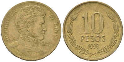Чили 10 песо 1996 So KM 228 никель латунь 4523-333