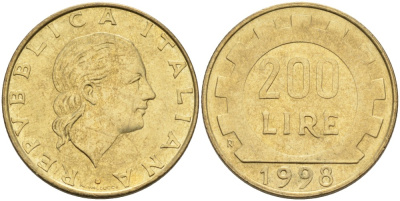 Италия 200 лир 1998 R, шестерня KM 105 алюминиевая бронза 4175-825