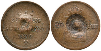 НОРВЕГИЯ 1/2 СКИЛЛИНГА 1840 КАРЛ XIV ЙОХАН, ШВЕДСКИЙ (1818-1844) KM 305.1 медь 28-1136
