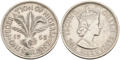 Нигерия 1 шиллинг 1962 Елизавета II (1952-), Британский протекторат KM 5 медно-никель 4566-354