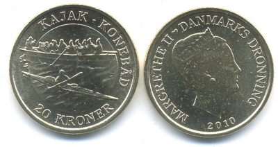 Дания 20 крон 2010 Маргарет II, Каяк-Амиак, из ролла KM 940 алюминиевая бронза UNC M5-04