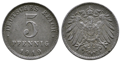 ГЕРМАНИЯ 5 ПФЕННИГОВ 1919 А KM 19, J. 297 железо 4380-151