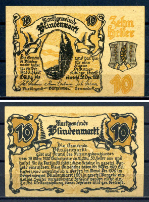 Блинденмаркт (Австрия) 10 геллеров 1920 Jaksc/Pick?JPR0093IIa-10 бумага aUNC 7556-26-2-2