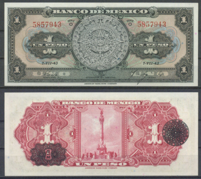 Мексика 1 песо 1943  Pick 38 a  бумага  UNC (пресс) 451-1101-1