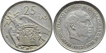 ИСПАНИЯ 25 ПЕСЕТ 1957 (65) ФРАНСИСКО ФРАНКО ДИКТАТОР ИСПАНИИ (1939-1975) KM 787 медно-никель 4393-243