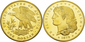 США 1 ДОЛЛАР 1879 КОПИЯ ИЗВЕСТНОЙ РЕДКОЙ МОНЕТЫ, ЖЕЛТЫЙ МЕТАЛЛ PROOF 05-086-14