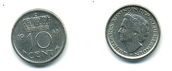 Нидерланды 10 центов 1948 Вильгельмина (1895-1948) KM 177 никель 54-1135