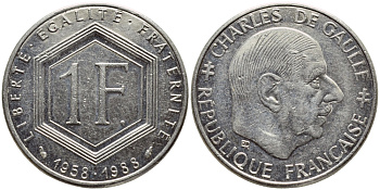 ФРАНЦИЯ 1 ФРАНК 1988 ШАРЛЬ ДЕ ГОЛЛЬ, 30 ЛЕТ РЕСПУБЛИКЕ KM 963 никель 93-1143