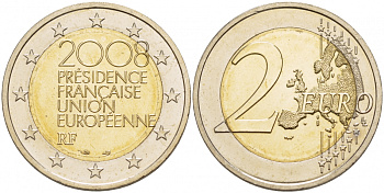 Франция 2 евро 2008 председательство в ЕС KM 1459 биметалл UNC 1094-6-53
