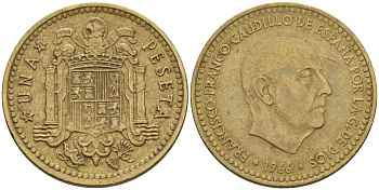 Испания 1 песета 1966 (73) Франсиско Франко (1939-1975) KM 796 алюминиевая бронза 4604-137