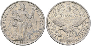 Французская Новая Каледония 5 франков 1989 птица кагу, (IEOM) KM 16, Schoen 12, Lec 77 алюминий 180-1044