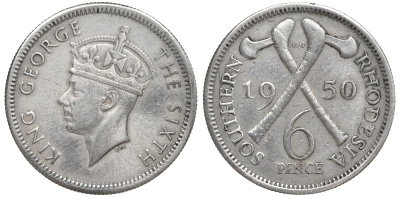 Британская Южная Родезия 6 пенсов 1950 Георг VI (1937-1952) KM 21 медно-никель 00-00