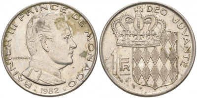 Монако 1 франк 1982 Ренье III (1949-2005) KM 140 никель 73-1252