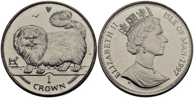 Остров Мэн 1 крона 1997 длинноволосая дымчатая кошка KM 774 медно-никель UNC 00-00