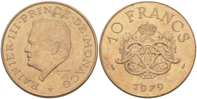 Монако 10 франков 1979 Ренье III (1949-2005) KM 154 медь никель алюминий 190-557