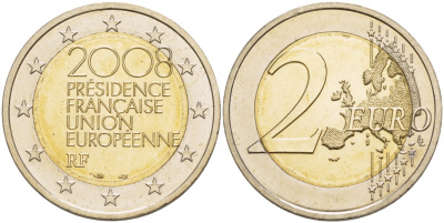 Франция 2 евро 2008 председательство в ЕС KM 1459 биметалл UNC 1094-6-53