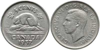 Канада 5 центов 1937 бобр Dot, Георг VI (1936-1952) KM 33 никель 4390-654