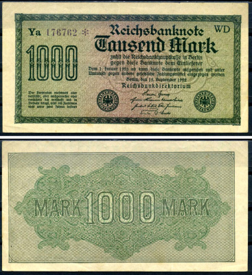 Германия 1000 марок 1922 выпуск 15 сентября 1922, водяной знак D, белая бумага, серия WS, буква Ya Pick 76 d (5) бумага 8617-45-1-1