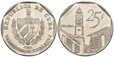 Куба 25 сентаво 2001 KM 577.2, JMA MC21, Schoen 715 сталь плакированная никелем 4114-854