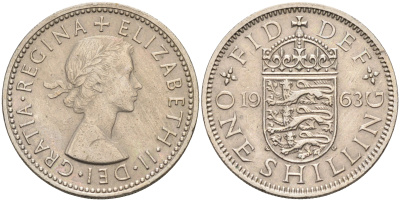 Великобритания 1 шиллинг 1963 Елизавета II (1952-2022), Английский герб KM 904, Spink 4147 медно-никель    4150-533