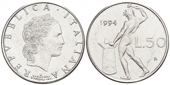 Италия 50 лир 1994 R, бог огня Вулкан у наковальни KM 95.2 нержавеющая сталь 187-153