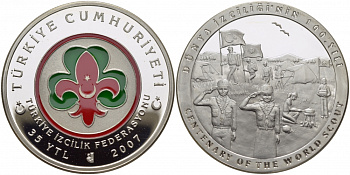 Турция 35 новых лир 2007 100 лет скаутскому движению, эмаль KM NEW серебро PROOF 1081-3-51