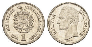 Венесуэла 1 боливар 1989 Симон Боливар, тонкий шрифт Y 52a.1 сталь плакированная никелем 4662-831