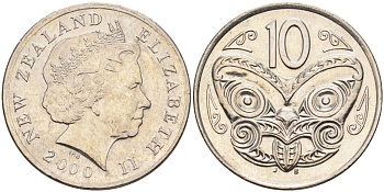 Новая Зеландия 10 центов 2000 Елизавета II (1952-2022), маска маори KM 117 медно-никель 4126-1241