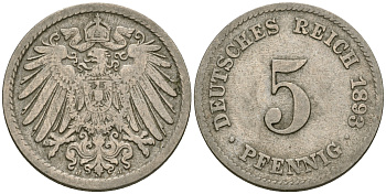 Германия 5 пфеннигов 1893 J KM 11, Jager 12, Weege 6 медно-никель 08-1364