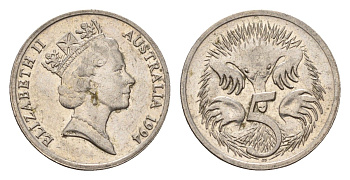 Австралия 5 центов 1994 Елизавета II (1952-2022), ехидна KM 80 медно-никель 188-958